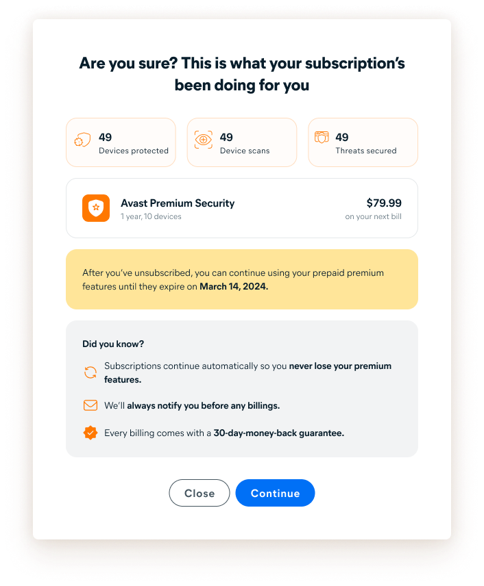 Avast subscription retention flow